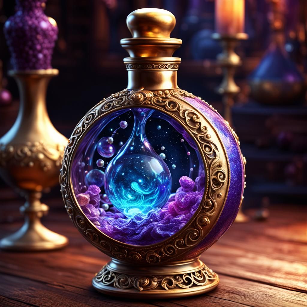 Exquisite Potion Bottle in a Vibrant Alchemist's Lab