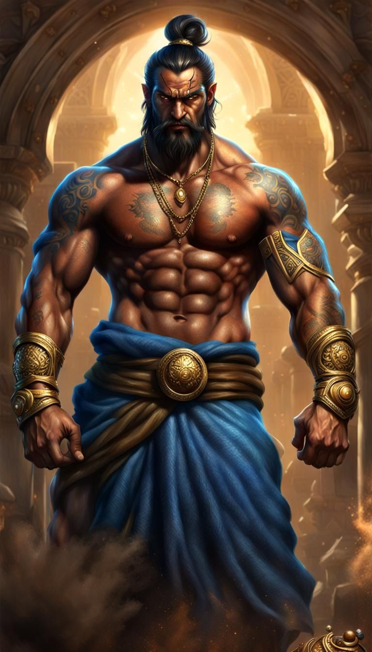 Muscular Persian Djinn with Arcane Tattoos
