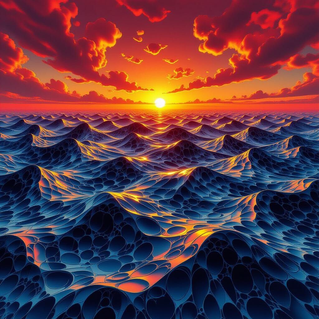 Fractal Ocean Landscape Reflecting Sunset Sky