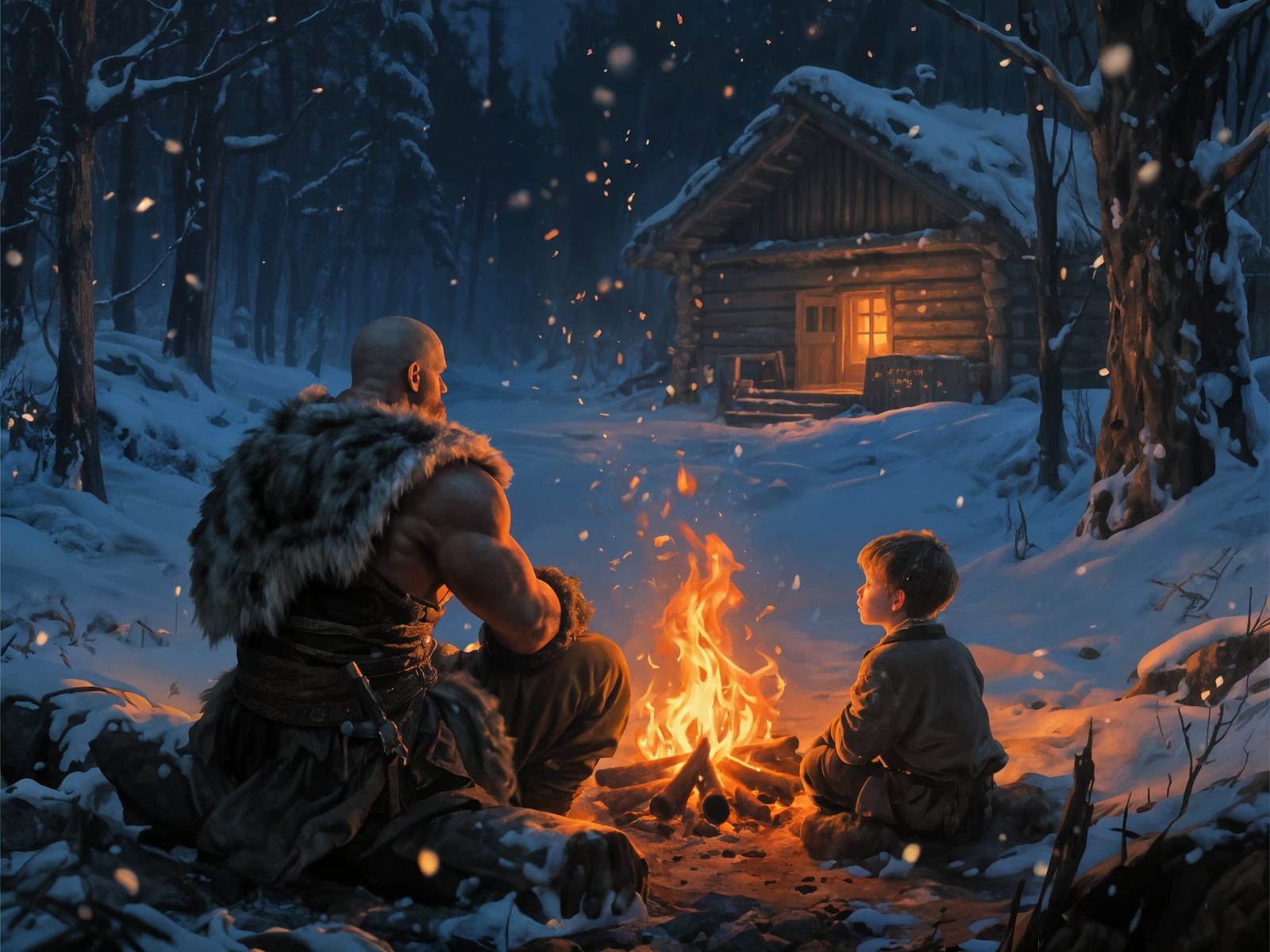 Campfire Story: Father and Son in Winter Forest