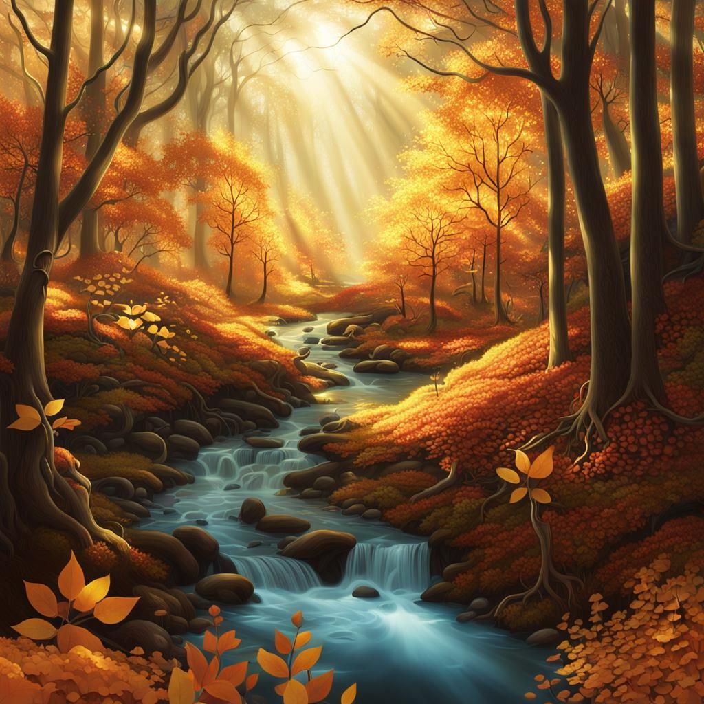 Autumn Woods: Golden Light, Winding Stream, Digital Matte Pa...