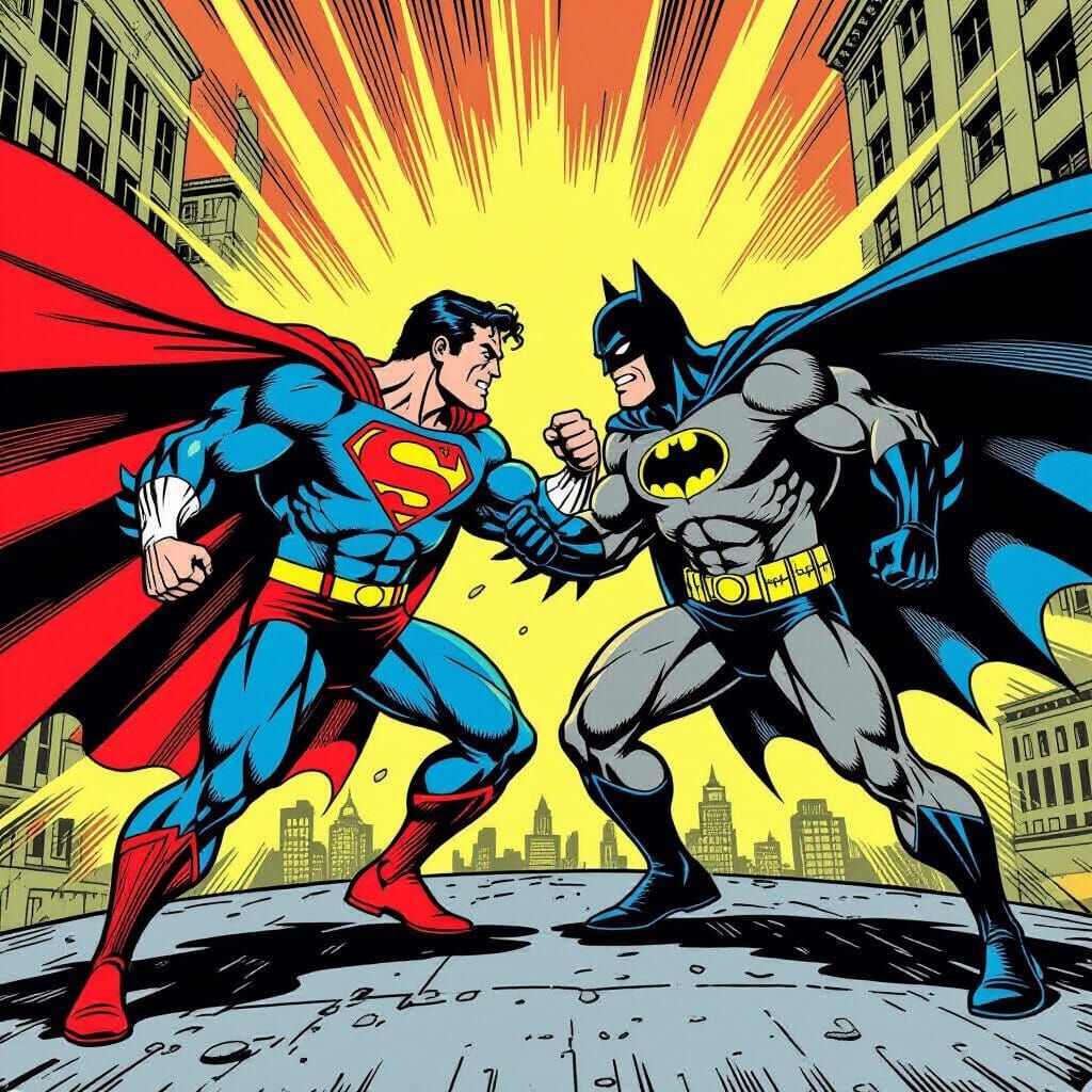 Superman and Batman Wrestle in Gotham Retro Comic Style