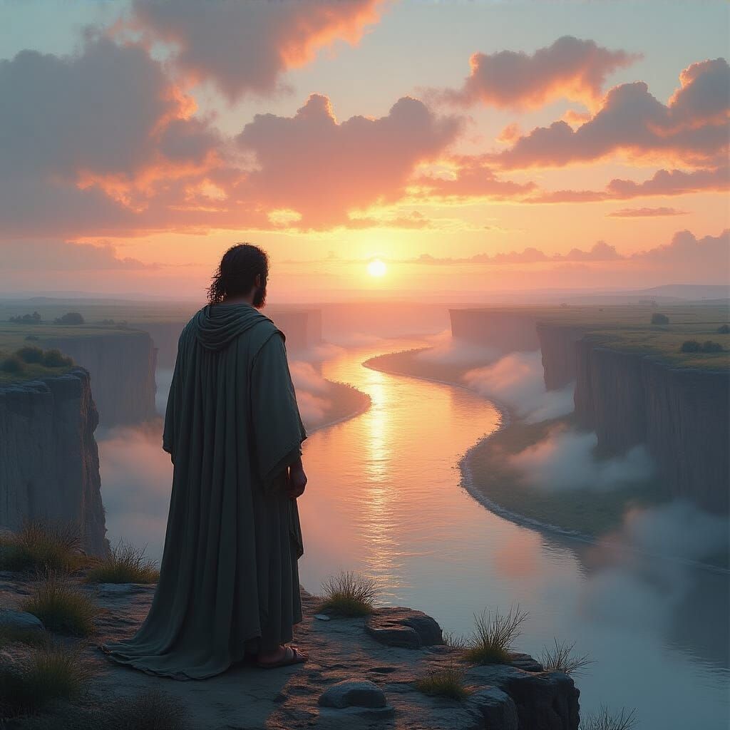 Contemplative Figure Overlooking River at Sunrise, Digital A...