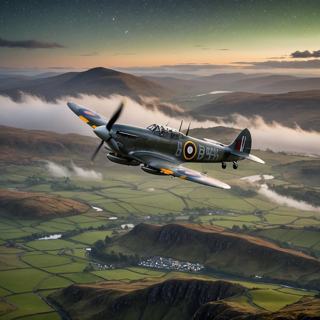 Spitfire Over Scottish Highlands at Sunset