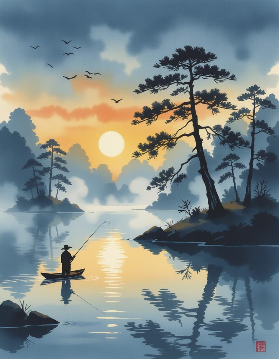 Lone Fisherman at Dawn on Tranquil Lake with Floating Island...