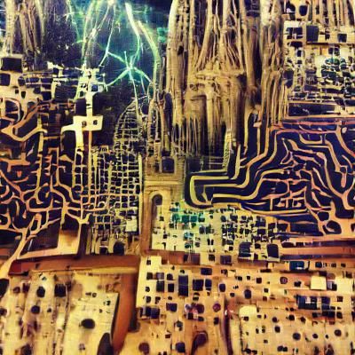 Cyberpunk Cathedral Cityscape with Circuitry
