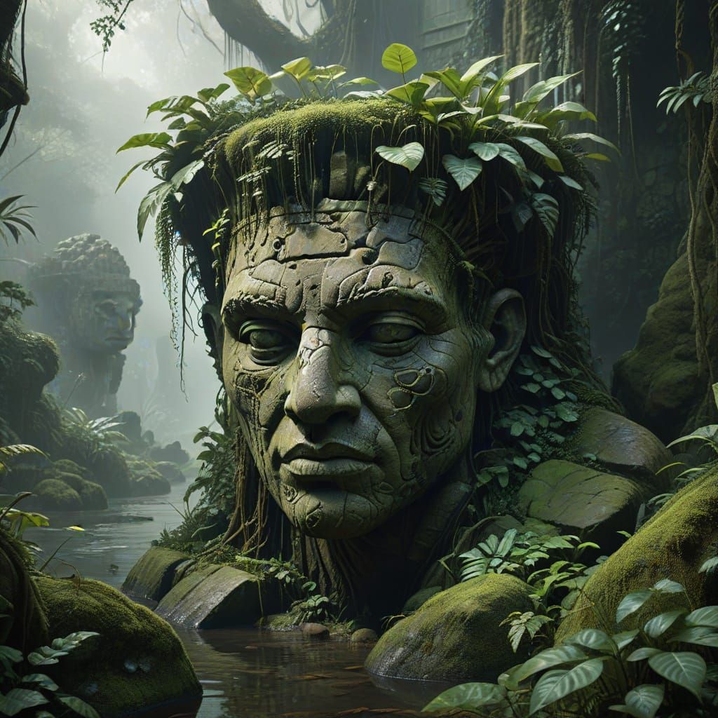 Ancient Stone Head in Misty Jungle, Highly Detailed Concept ...