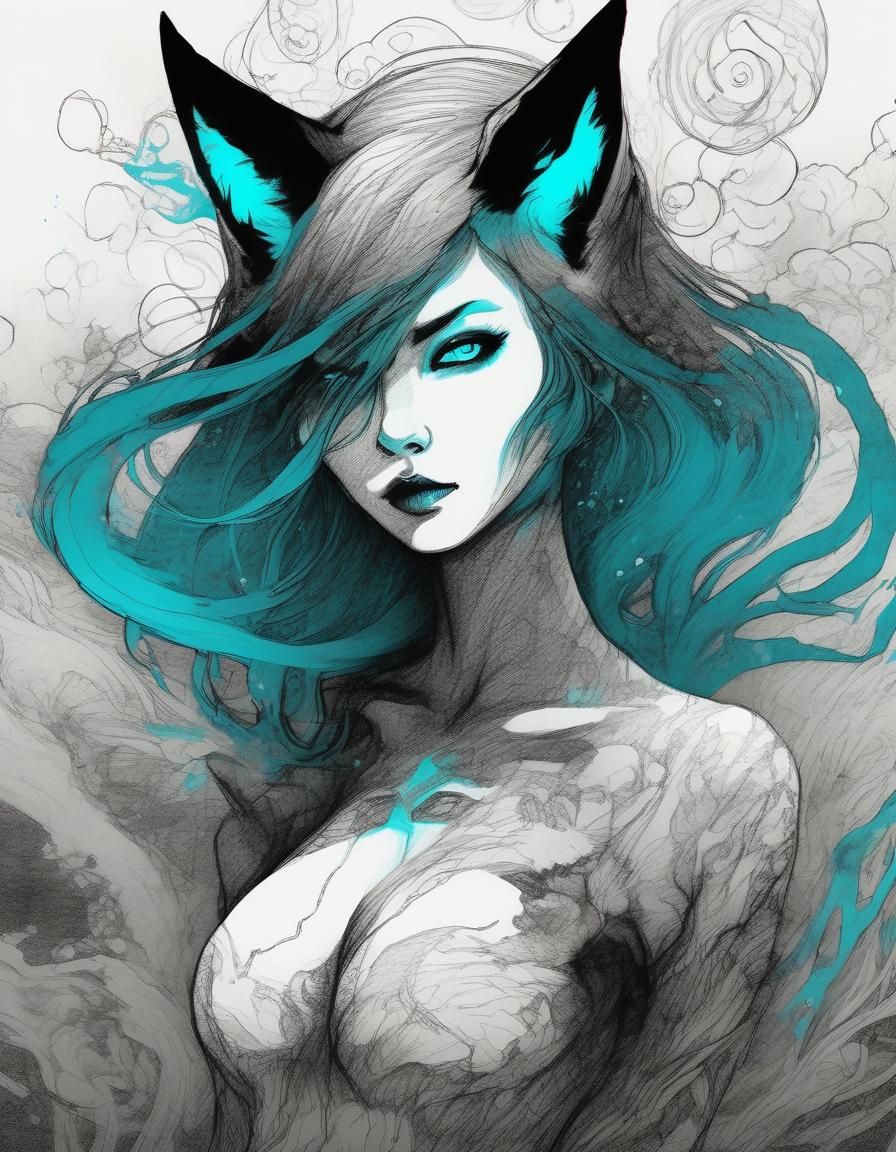 Dark Fantasy Fox Girl in Japanese Ink Art