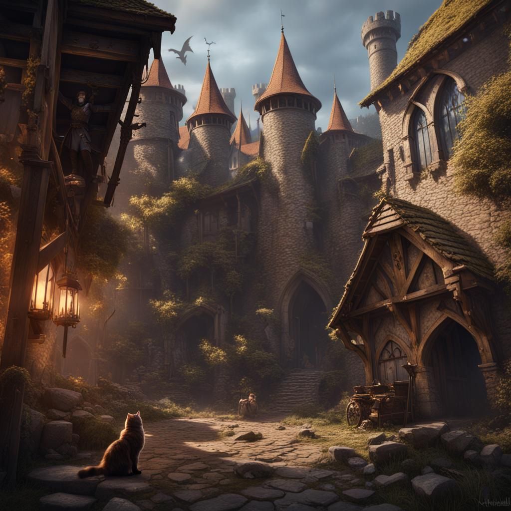 Cats in Medieval War, Detailed Matte Painting