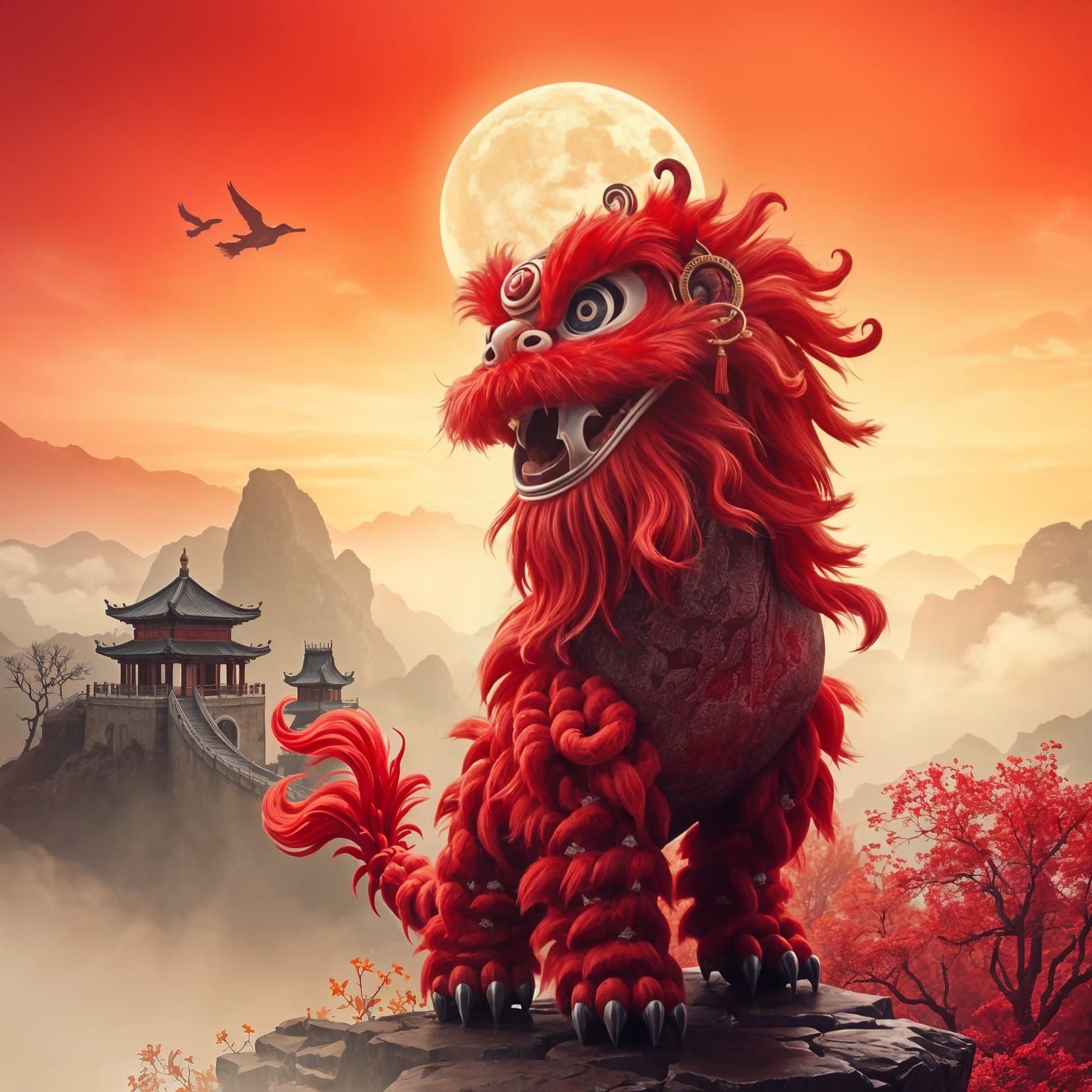 Surreal Double Exposure Painting of Chinese Lion Dance and G...