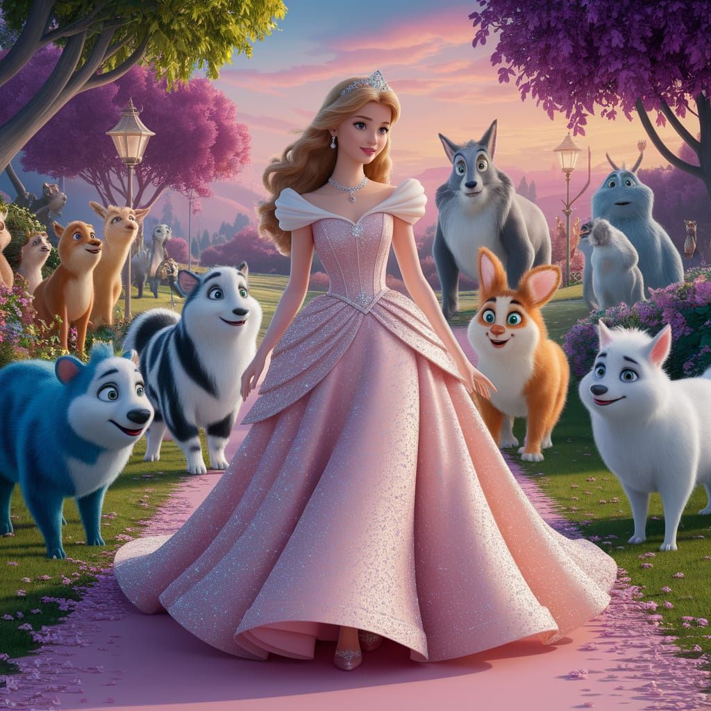 Whimsical Princess Surrounded by Fantastical Creatures in a ...