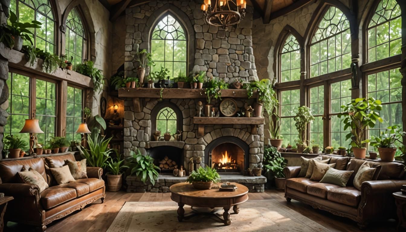 Elegant Elven Living Room with Forest View