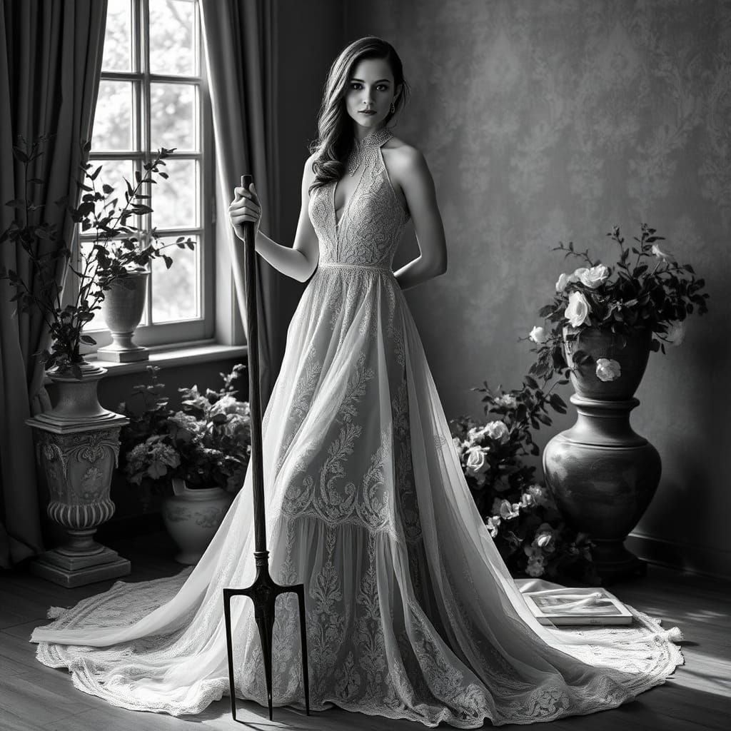 Elegant Woman with Pitchfork in Black and White Portrait