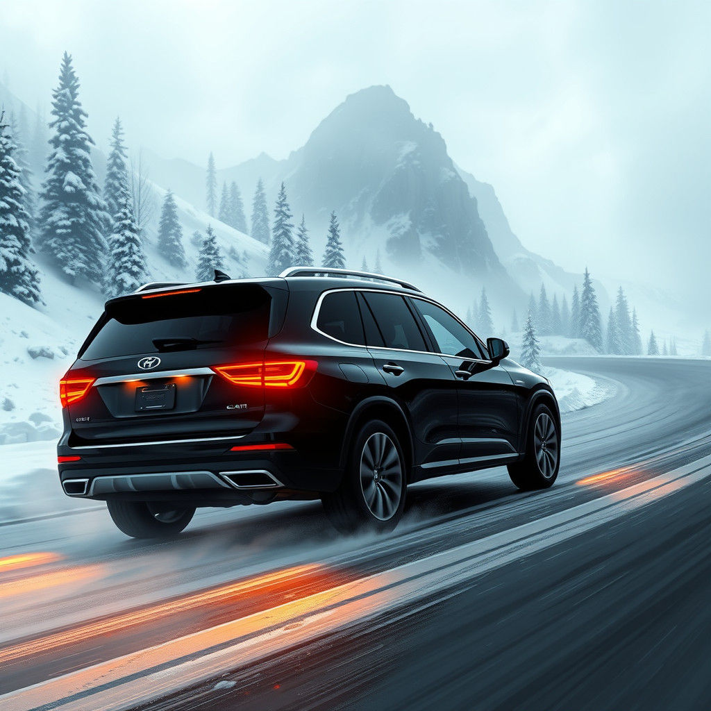 Luxury SUV Navigates Misty Winter Mountain Pass
