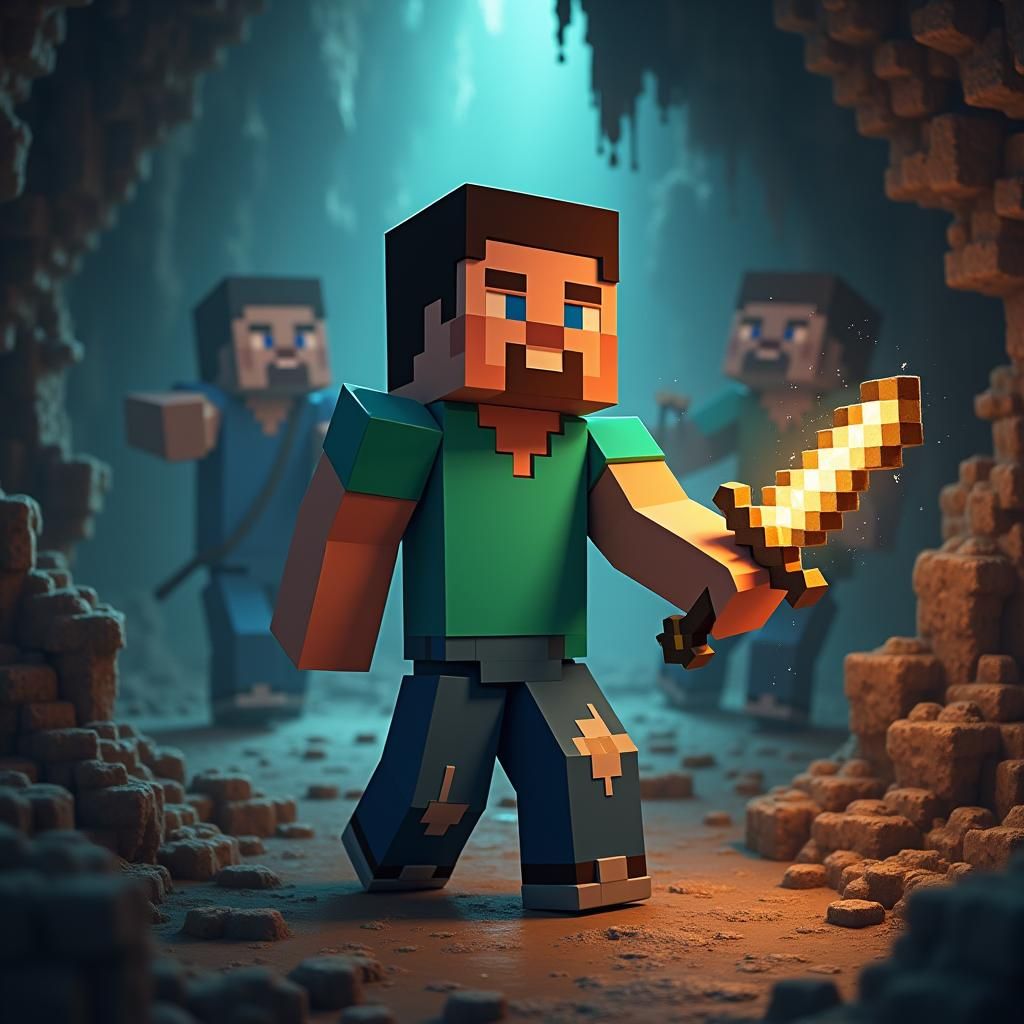 Steve and Enchanted Apple in Dark Minecraft Cave