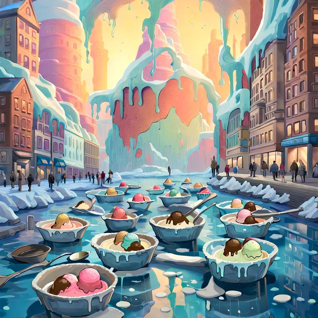 Surreal City of Melting Ice Cream Rivers: Digital Art