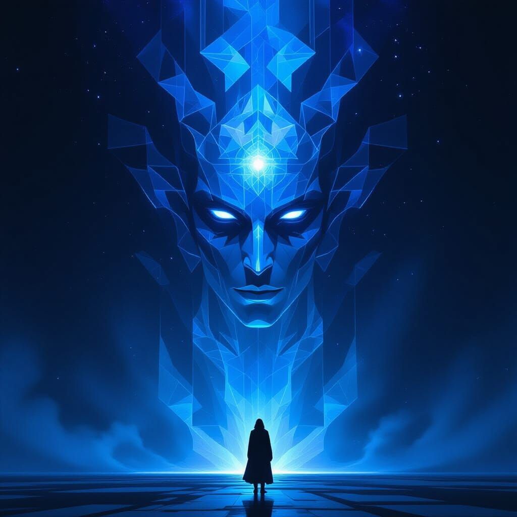 Minimalist Cosmic Entity with Geometric Patterns and Etherea...