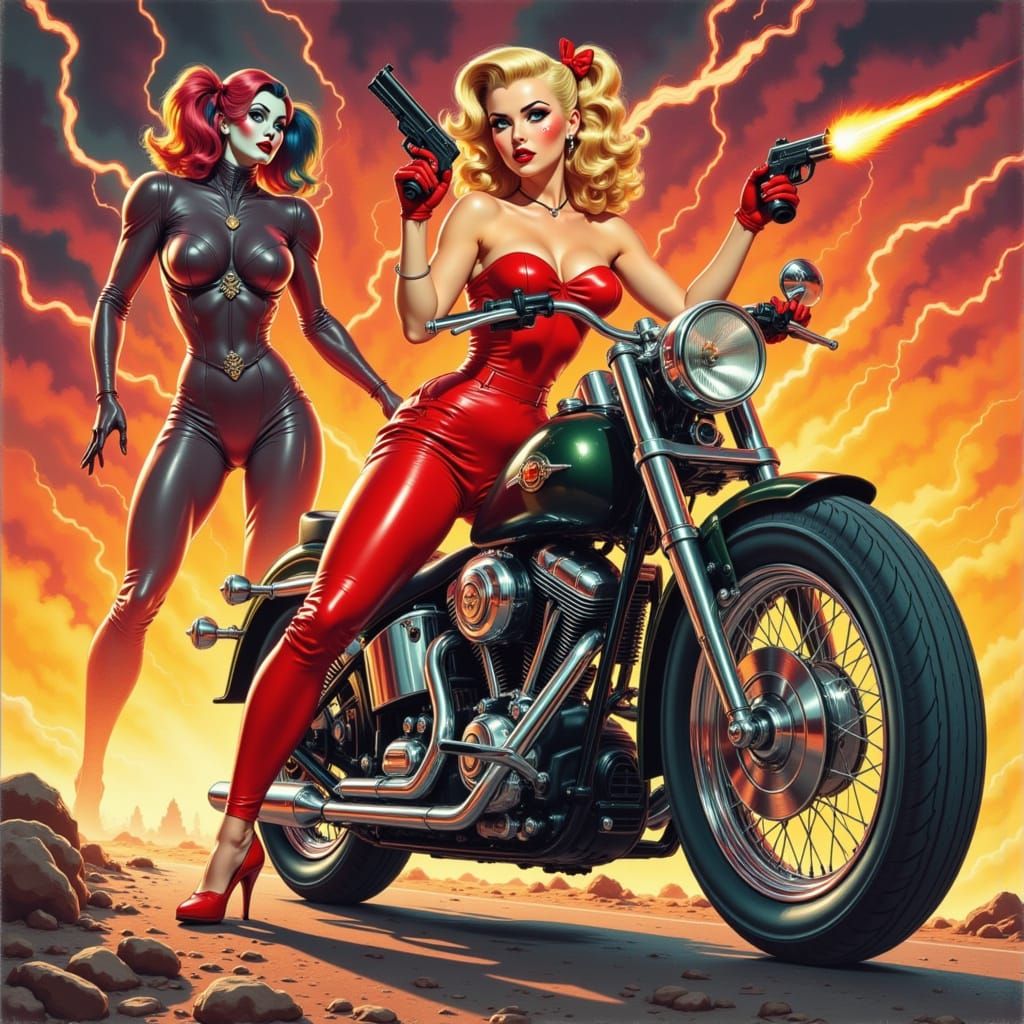 1950s Pinup Beauty Rides Motorcycle Through Neon Sunset