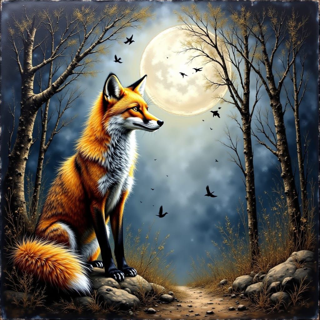 Majestic Ancient Fox in Moonlit Forest Acrylic Painting