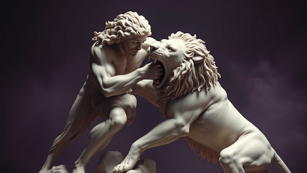Marble Sculpture of Samson Battling Lion, Baroque Style