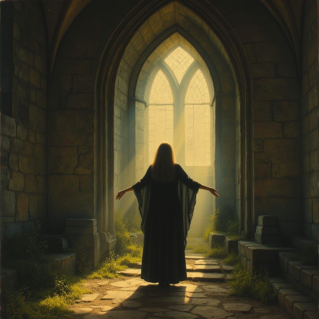 Solemn Pagan Woman in Abandoned Irish Church