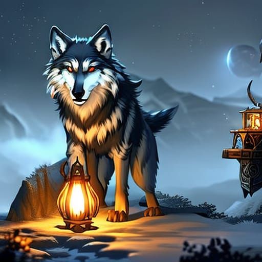 Wolf with Lantern in a Fantasy Landscape