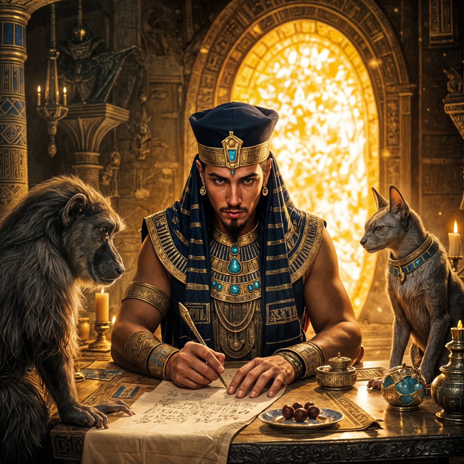 Ancient Egyptian God Thoth Writes by the Golden Pyramid