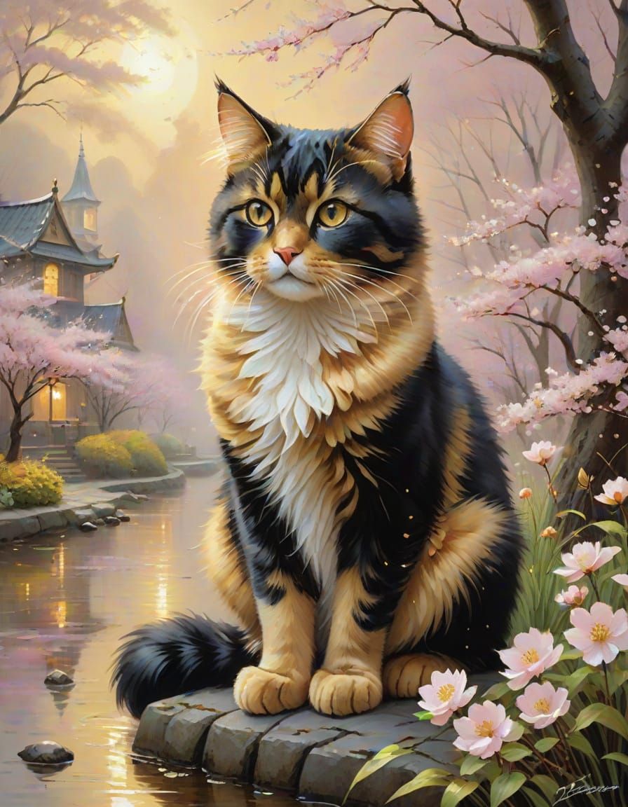 Golden Cat in Sakura Landscape: Impasto Oil Painting