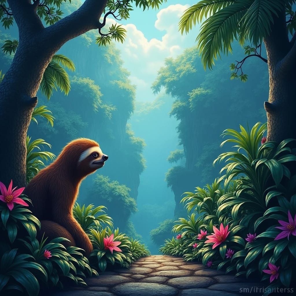 Costa Rican Sloth in a Mystical Landscape