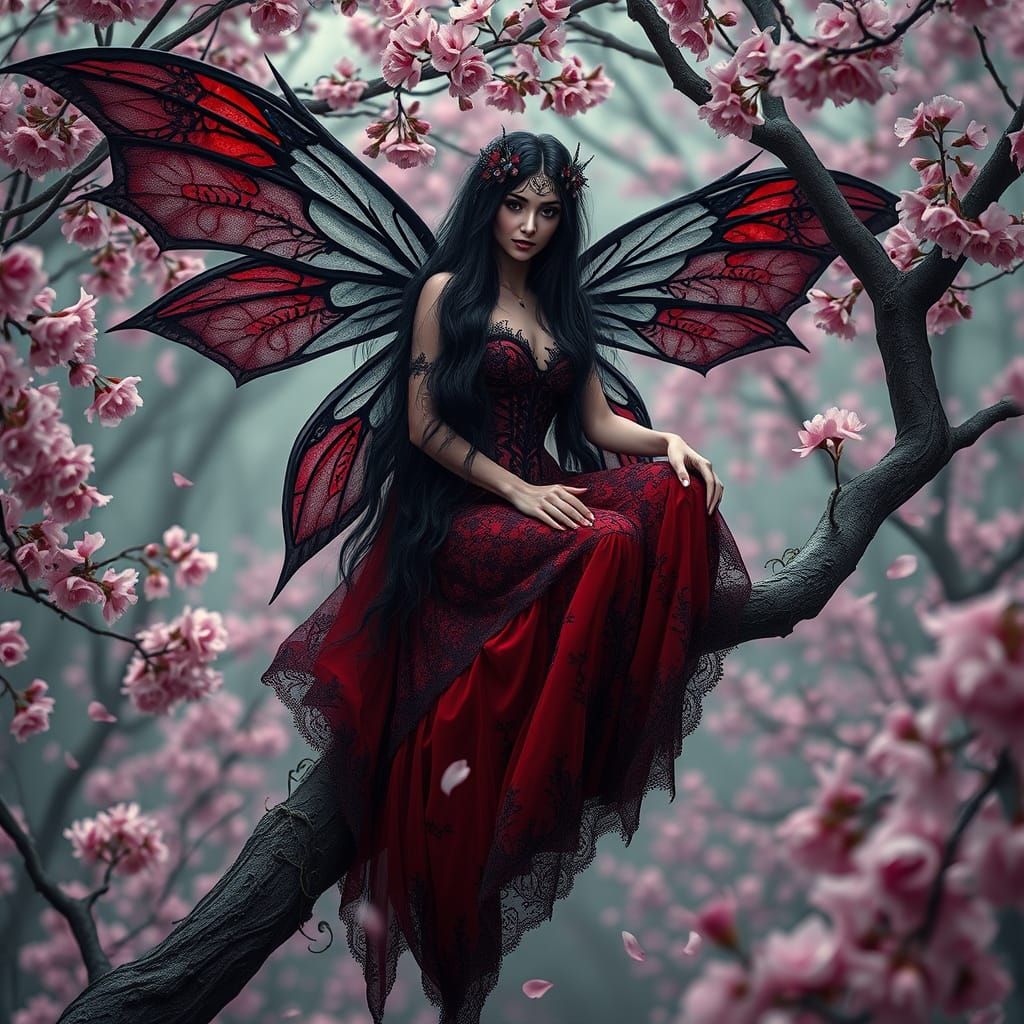 Acrylic and chalk highly detailed dark fantasy illustration of a gothic fairy queen seated gracefully on a twisted tree ...