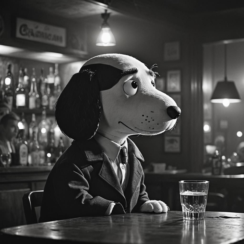 Snoopy as Film Noir Character in Dimly Lit Bar