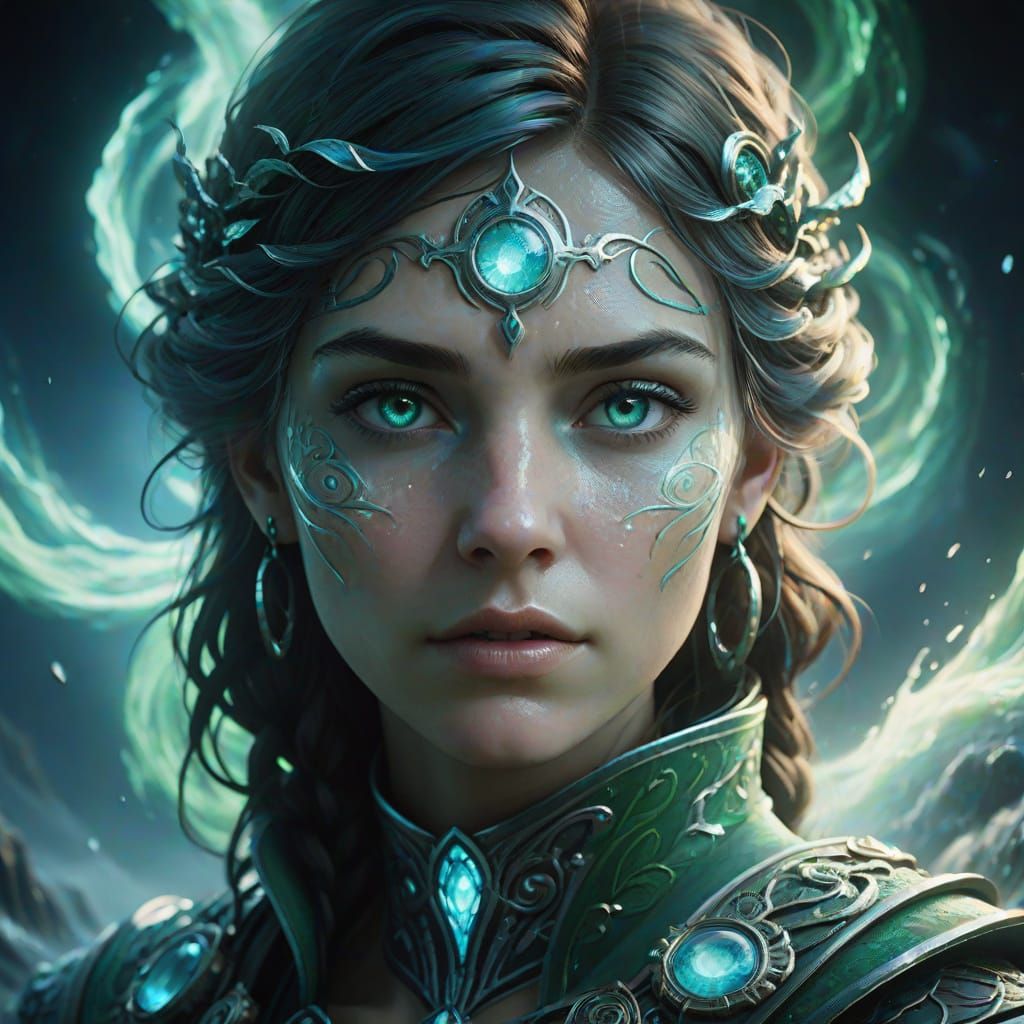 Mystical Being Amidst Oceanic Vortex in Art Nouveau Style