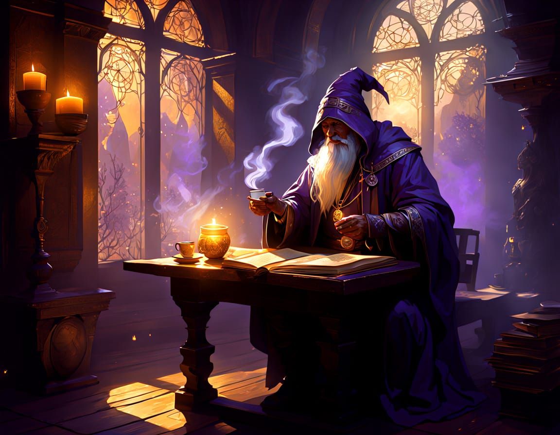 Wise Wizard in Cozy Tavern: Fantasy Illustration