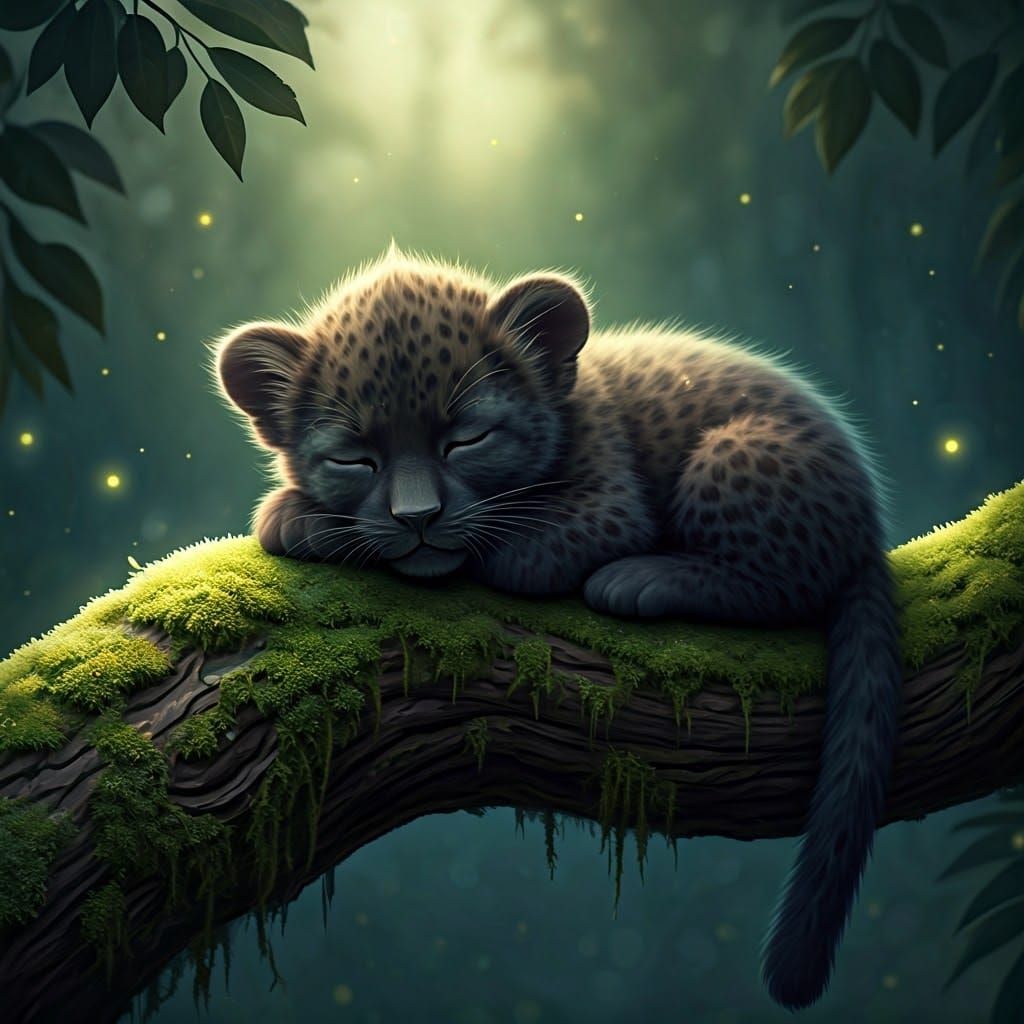 Whimsical Black Panther Cub Slumbers in Enchanted Forest