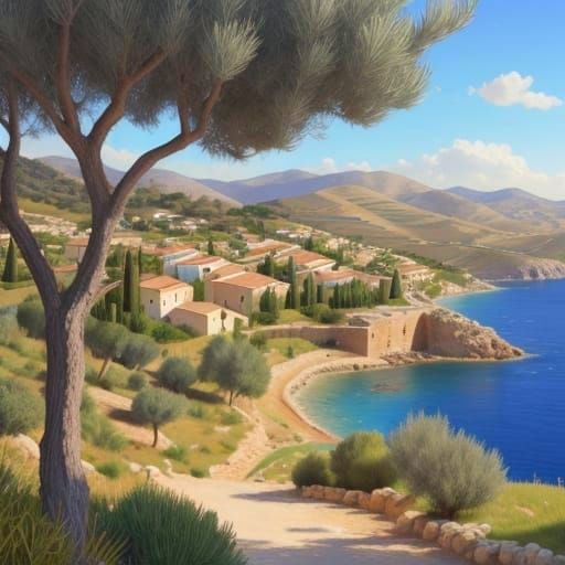 Hyperrealistic Mediterranean Village Scene on Sunny Hill