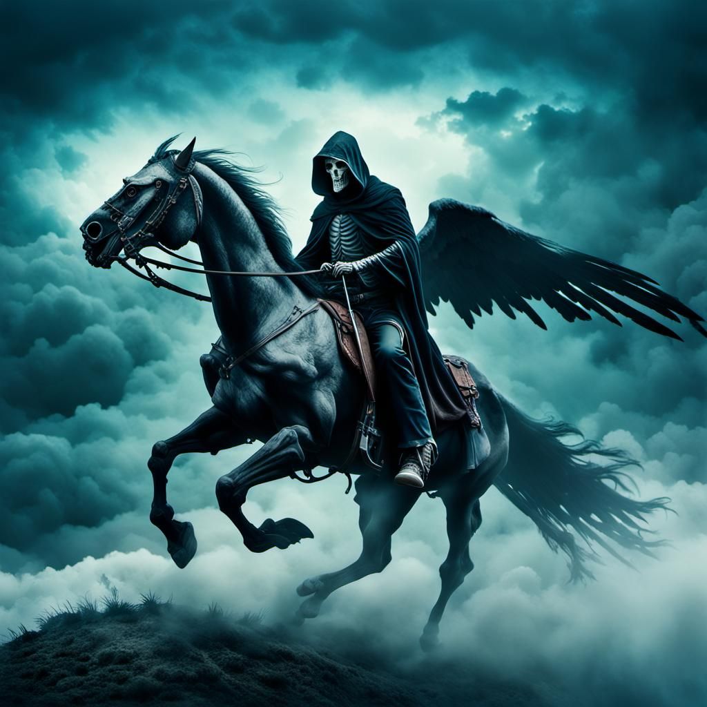 Grim Reaper Rides Pegasus in Misty Clouds