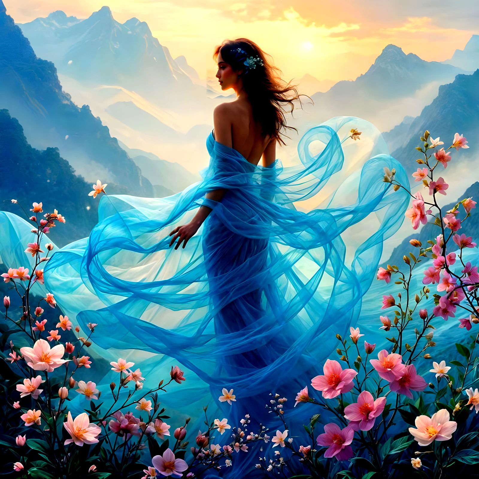 Ethereal Woman in Mountain Landscape, Art Nouveau Style