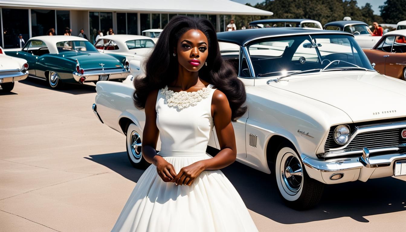 Black Girl in White Dress with 60s Car