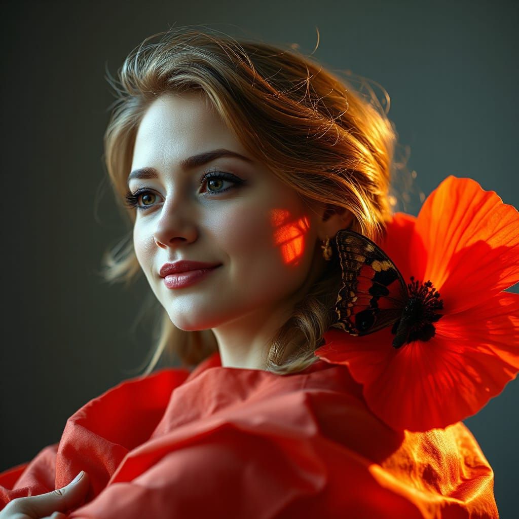 Glowing Poppy Goddess with Butterfly Wings in Hyper Realisti...