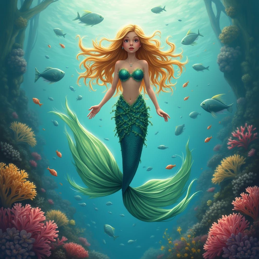 Mermaid in Vibrant Coral Reef Scene