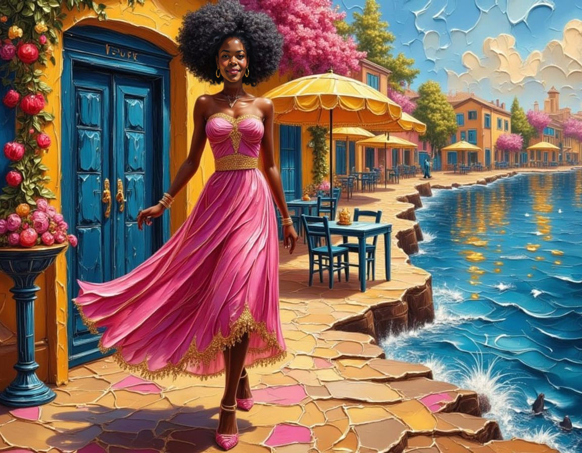 Elegant Black Woman in Vibrant Cityscape Cafe