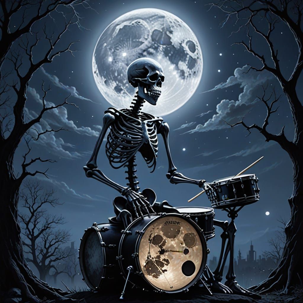 Skeleton Drummer Under Full Moon in Starlit Sky