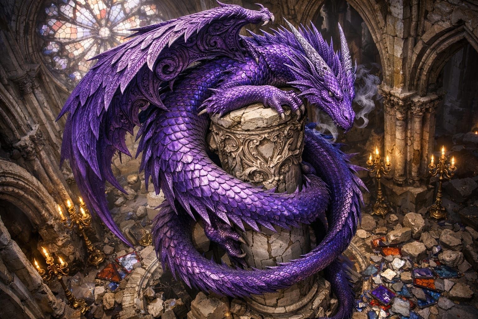 Purple Dragon Coiled on Pillar in Cathedral Ruin