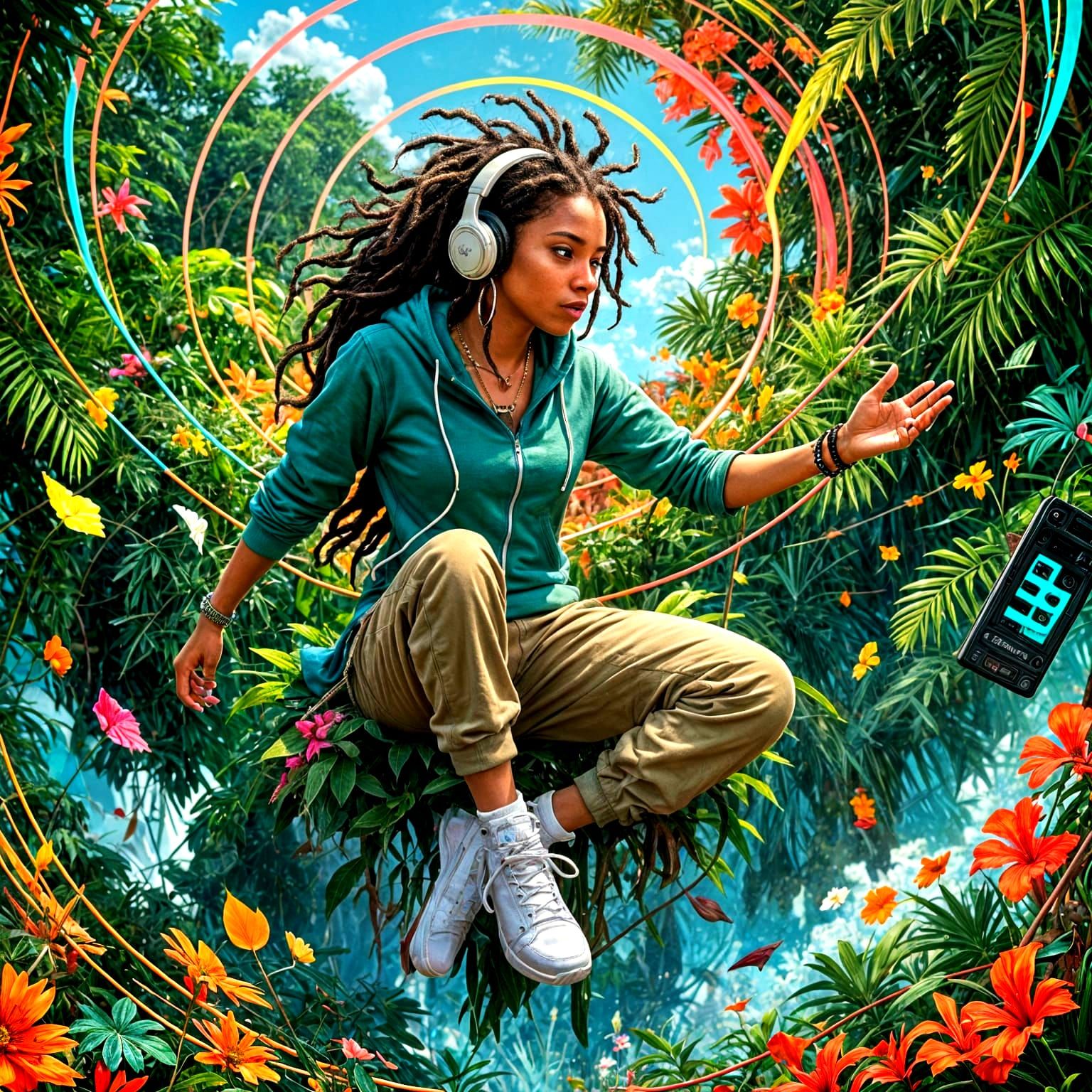 Surreal Caribbean Woman Lost in Vibrant Tropical Soundscape