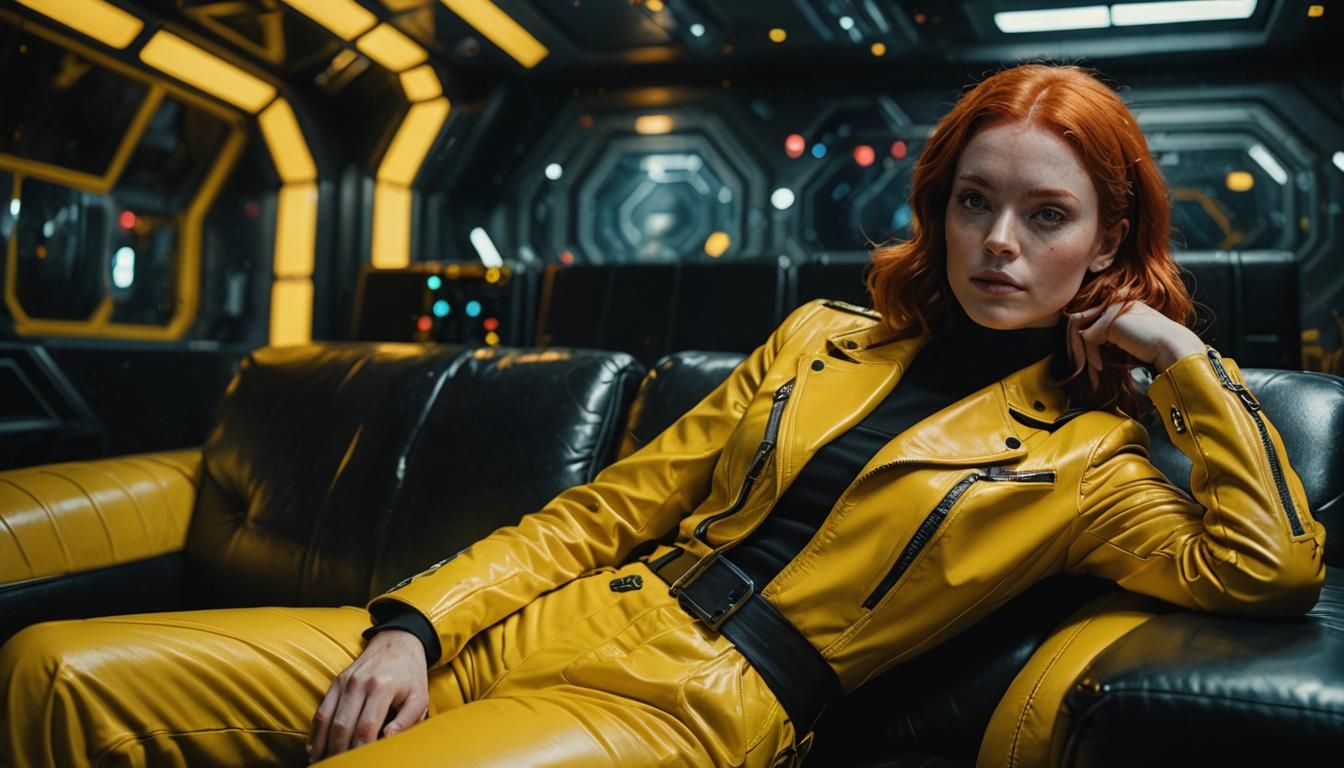 Redhead in Yellow Leather Suit in Space