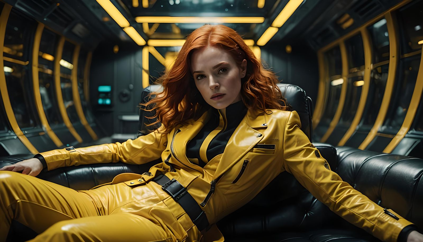 Redhead in Yellow Leather Suit in Space
