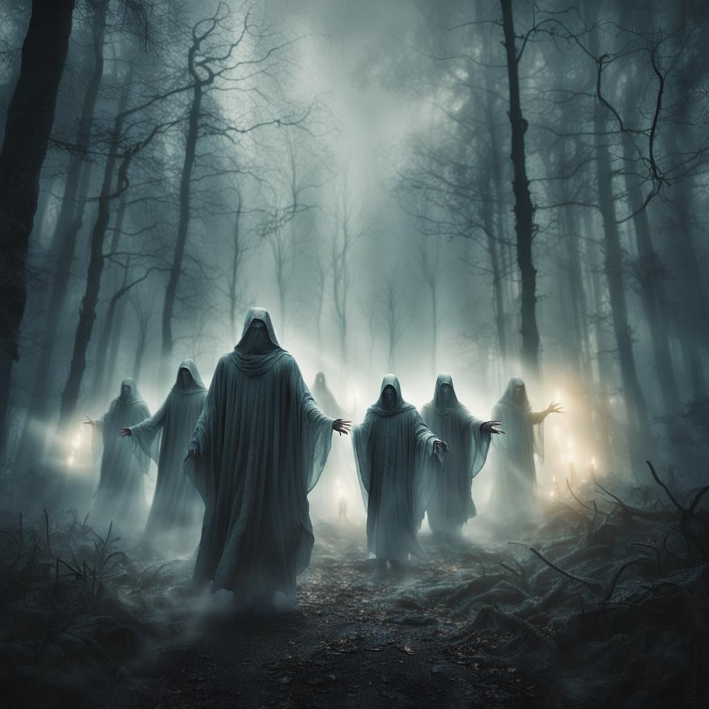 Ethereal Figures Beckon in Misty Forest