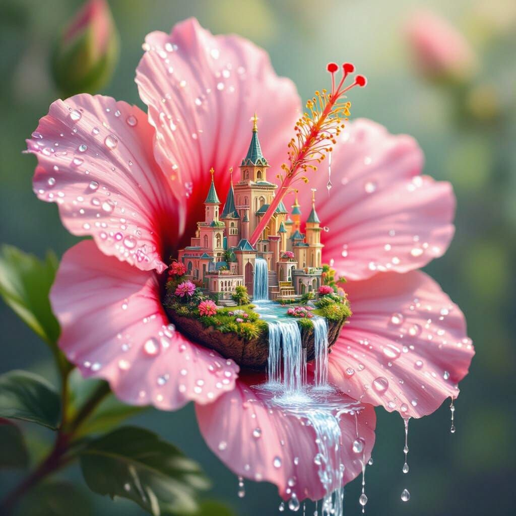 Miniature City Inside Hibiscus Flower, Watercolor Style