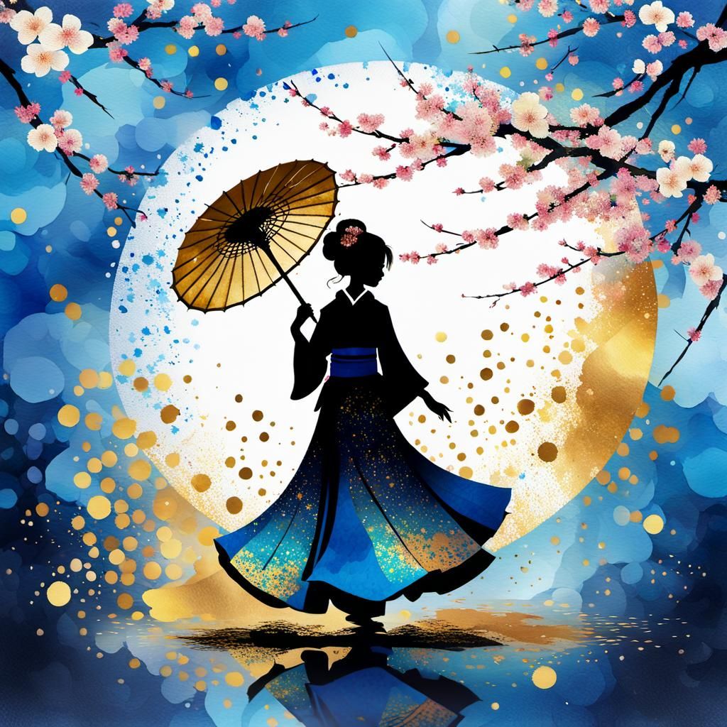 Geisha Silhouette Amidst Cherry Blossoms in Watercolor