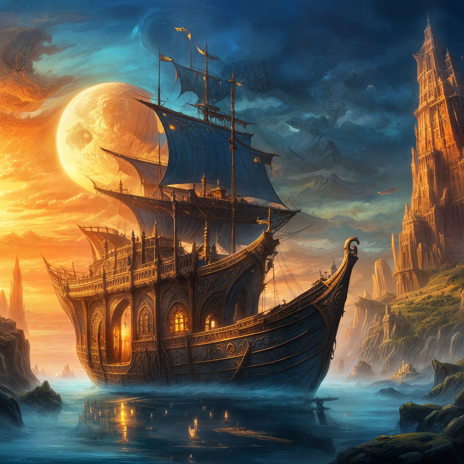 Elven Ship Sailing to Island at Night